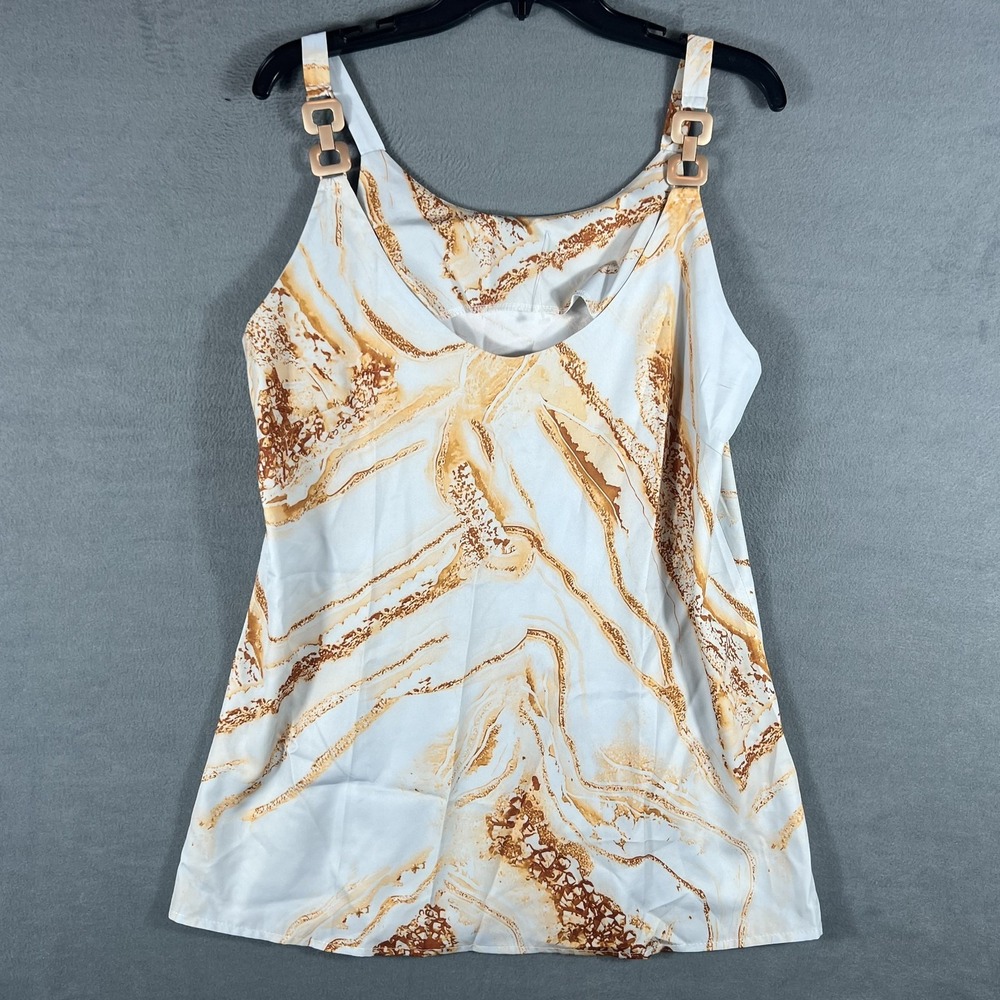 Women's Large L White Brown Orange Marbled Print Tank Top Sleeveless Scoop Neck